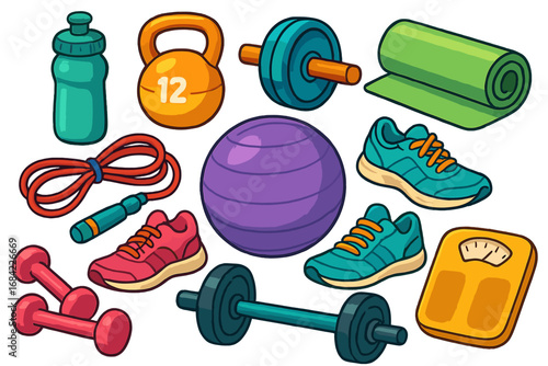 Vector sport equipment and fitness accessories set. Gym workout gear icon collection. Dumbbell, kettlebell, barbell, yoga mat, sneakers. Healthy lifestyle cartoon illustration.