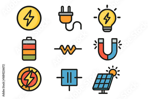 Energy and electricity colorful icon set. Power symbol collection with solar panel, battery, magnet, and lightbulb. Vector cartoon illustration for science and technology.