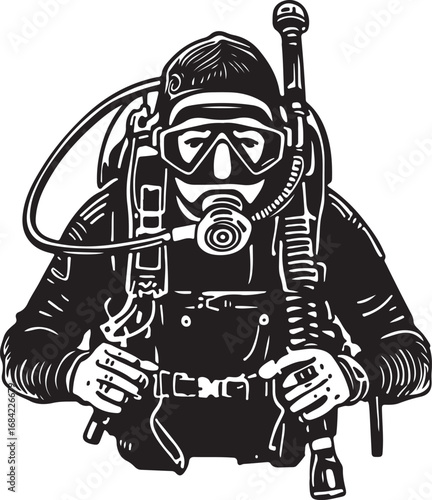 Detailed black and white illustration of a diver with full gear ready for underwater exploration and adventures deep sea diving exploration