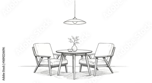 Elegant monochrome dining area interior illustration with chairs and table