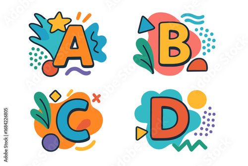 Colorful cartoon alphabet letters A, B, C, D set. Funky abstract font for kids. Creative typography with geometric shapes. Playful school and education vector graphic design.