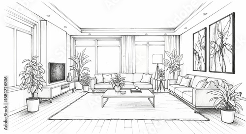 Elegant monochrome living room illustration boasting modern aesthetic charm