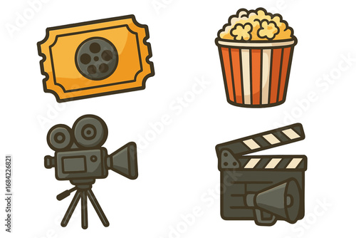 Cinema icon set. Movie night elements. Film festival concept with popcorn, ticket, vintage camera, and clapperboard. Vector cartoon illustration for filmmaking production design.
