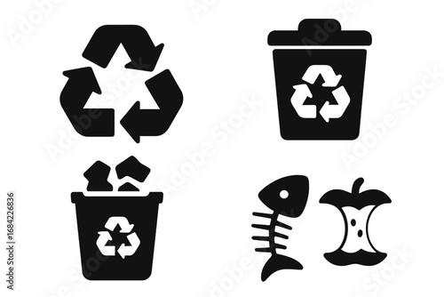 Recycling icons grid solid filled vector set of recycling symbols including compost bin, paper waste disposal, food scraps recycling, environmental conservation concept