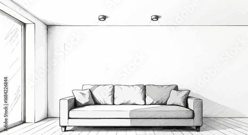 Elegant sofa in monochrome minimalist interior sketch with window and lights