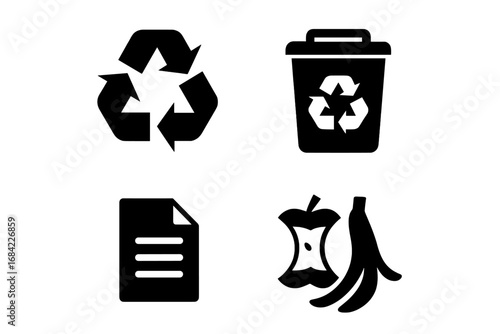 Solid filled recycling and compost icons grid, eco-friendly waste management symbols including recycle logo, compost bin, paper waste, and food scraps collection, vector illustration
