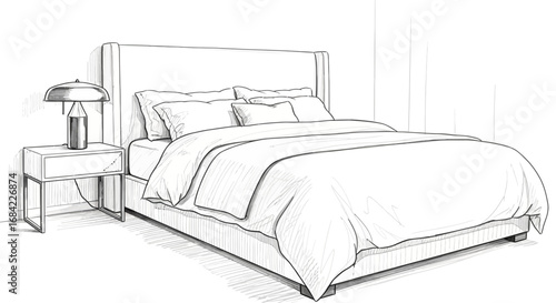 Hand drawn bedroom interior scene, showcasing a contemporary bed and nightstand