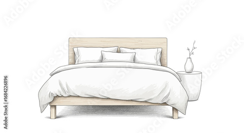 Elegant watercolor bedroom illustration with wooden bed and plant decoration