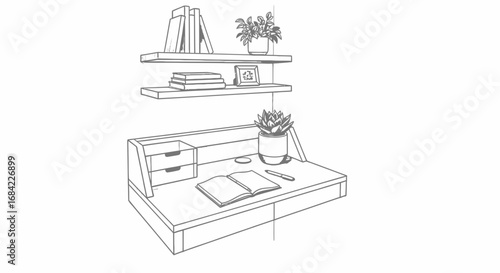 Hand drawn desk space sketch with plants books and writing supplies