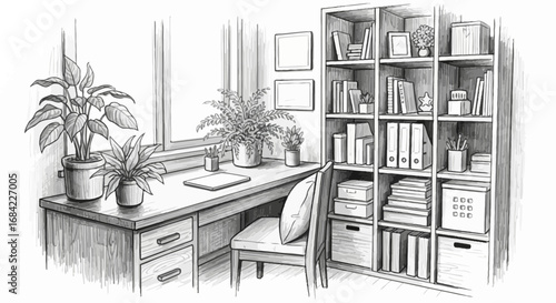 Hand drawn monochrome home office interior sketch with window and plants
