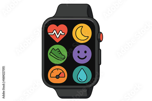 Smartwatch with health and fitness tracker app. Vector illustration of a watch screen with icons for heart rate, sleep, steps, mood, and hydration for wellness monitoring.