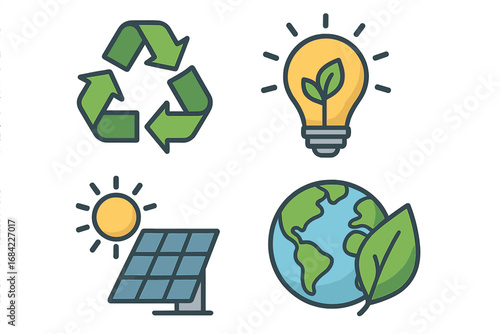 Eco-friendly icon set for sustainability and renewable energy. Vector concepts of recycling, solar panels, green power, and planet Earth care for modern environmental design.