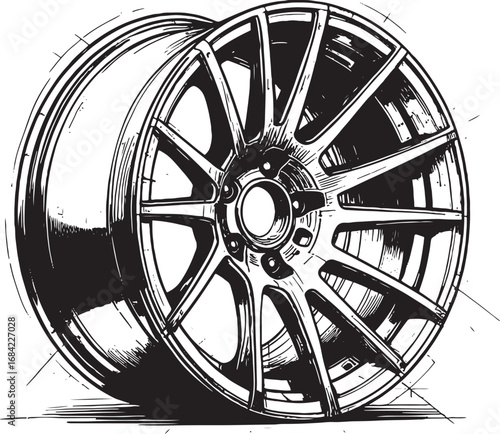 Detailed black and white sketch of a car wheel rim showcasing intricate spoke design and robust tire profile for automotive applications