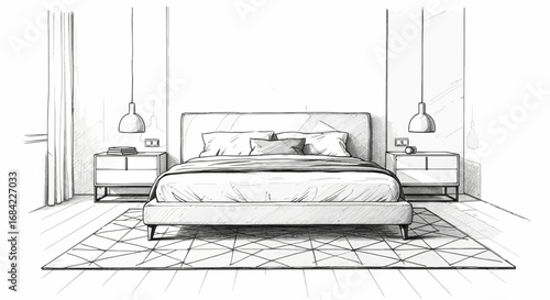 Hand-drawn bedroom illustration showcasing elegant interior design concept