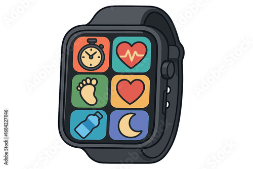 Smartwatch for health and fitness tracking vector illustration. Wearable technology with app icons for heart rate, sleep, steps, and hydration. Wellness and sport cartoon.
