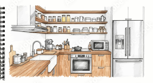Hand-Drawn Kitchen Interior with Open Shelves and Farmhouse Sink Illustration
