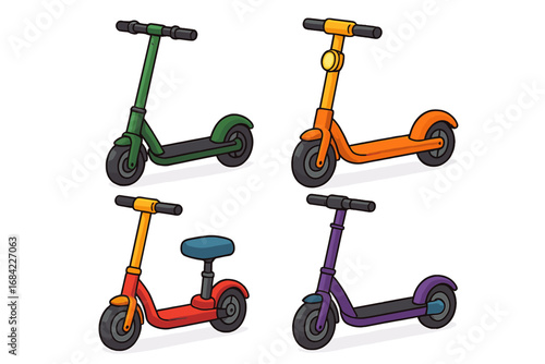 Set of colorful electric scooters for urban mobility. Vector cartoon illustration of e-scooters, kick scooter and moped. Eco friendly city transport and rental sharing service concept.