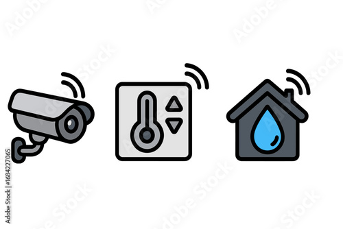Smart home technology icons collection. Home automation vector illustration set. Security camera, thermostat temperature control, water leak sensor. Internet of Things (IoT) concept.