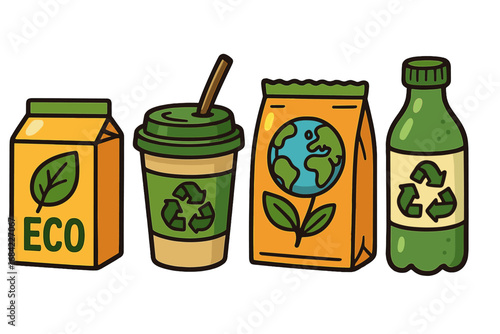 Eco friendly packaging set with recycle symbol and earth. Sustainable, biodegradable materials concept. Go green, zero waste for food and beverages. Vector cartoon icons.