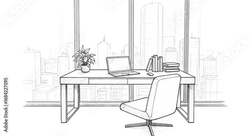 Hand-Drawn Office Space with Cityscape View and Modern Furnishings
