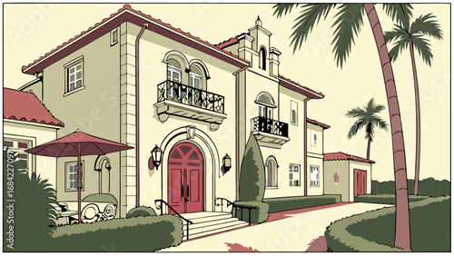 Mediterranean Style House Illustration Luxury Home Exterior Design Vintage Architecture Drawing Palm Trees and Patio Scene.