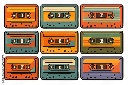 Set of colorful retro cassette tapes. Vintage 80s and 90s music audio tapes. Nostalgic mixtape concept. Old school pop culture icon. Vector cartoon illustration collection.