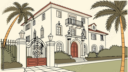 Mediterranean style house illustration villa drawing luxury home design architectural sketch elegant mansion tropical home palm trees ornate gate estate residential building home exterior real estate.