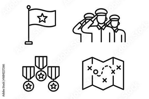 Military icons set. Army, soldier, and armed forces concepts. Vector line art symbols for duty, honor, and service. Includes unit flag, salute, medal, and mission map.