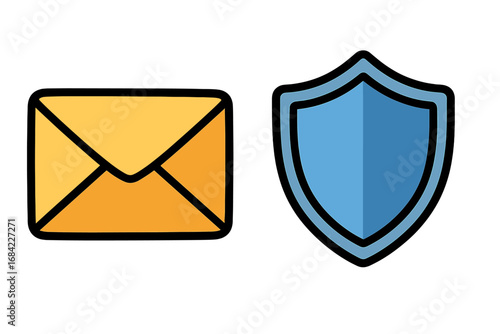 Email security and message protection concept. Vector icon of mail envelope and shield. Secure communication, data privacy, spam filter, and antivirus guard symbol.