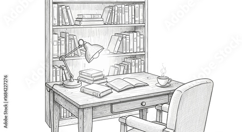 Illustrative study space with wooden furniture and open book under lamp