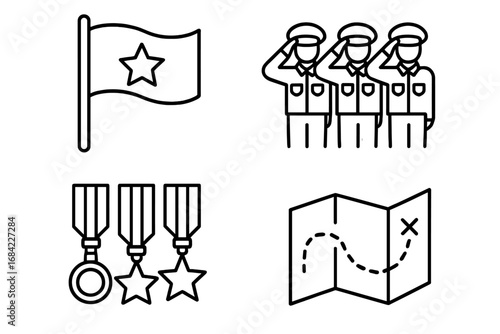 Military linear icons set. Army concepts vector pack. Soldiers saluting in formation, mission map for strategy, national flag, and medals for bravery and accomplishment.