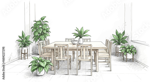 Interior dining room design with plants and natural light illustration