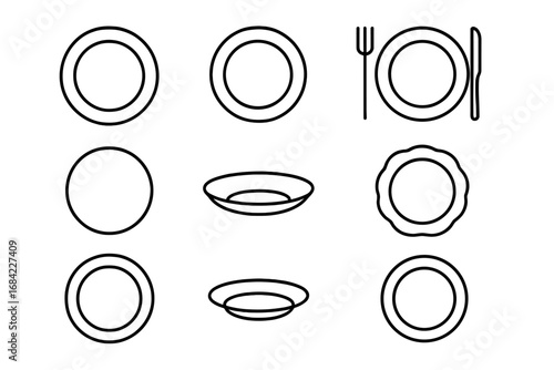 Minimalistic Plate Line Icon Collection, Linear Pictograms for Web, Graphic Design, Apps, Banners, Social Media, Cards, Vector Cartoon Illustration Set