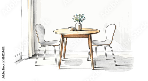 Minimalist dining space with round wooden table and elegant chairs