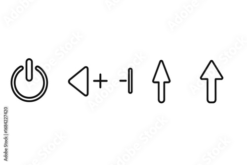 Remote control icons vector set, outline style power button, volume up and down, channel up and down, modern electronic device buttons for media and TV controls, transparent background