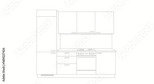 Minimalist kitchen outline rendering showing appliance arrangement and cabinetry