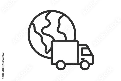 Minimalistic Planet Earth with Delivery Truck Outline Icon, Global Shipping and Logistics Concept for Web, Apps, Banners, Social Media, and Cards, Vector Illustration