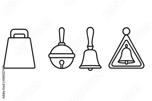 Traditional bell icons outline set. Vector line art collection of cowbell, sleigh bell, church handbell, and dinner bell designs. Simple sound notification symbol.