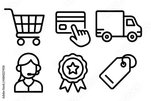 E-commerce linear icon set. Online shopping, payment, and delivery symbols. Customer support, quality badge, and sale tag pictogram for web, app, UI, UX. Vector collection.