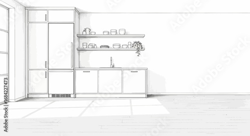 Minimalist kitchen scene in monochrome, showing modern design concept