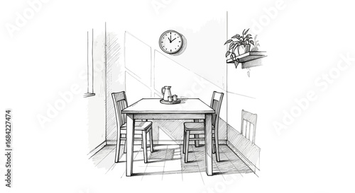 Minimalist Kitchen Interior Illustration with Dining Table and Clock design