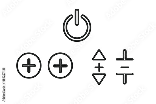 Remote control icons set, outline style vector illustration with power button, volume up and down, channel up and down symbols, minimalist transparent background design for digital UI