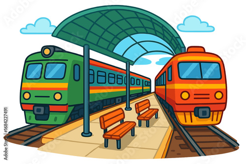 Train station platform with two trains. Public transport, travel and journey concept. Cartoon vector illustration for subway, metro, or railway commuting. Isolated on background.
