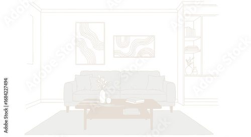 Minimalist living room interior design with line art and modern decor