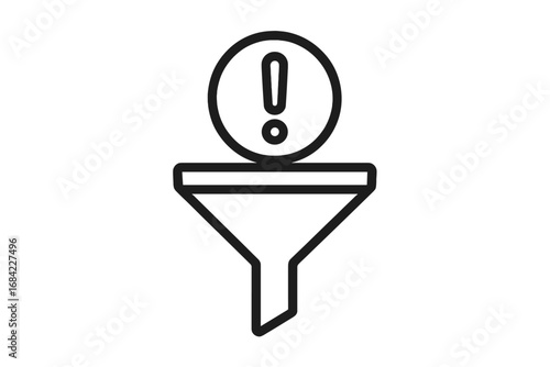 Filter error icon, data validation alert, and information priority concept. Funnel with an exclamation mark for system warning, notification, or spam filtering. Vector outline.