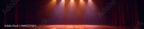 Bright stage lights illuminating a dark theater, ready for a performance  Powerful beams create dramatic shadows and highlight the empty stage ,  stage design,  follow spot,  venue