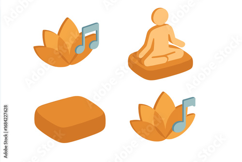 Mindfulness meditation isometric icon set. Yoga relax, zen spiritual concepts. Person in lotus pose, cushion, flower, music note. Mental health, wellness vector symbols.