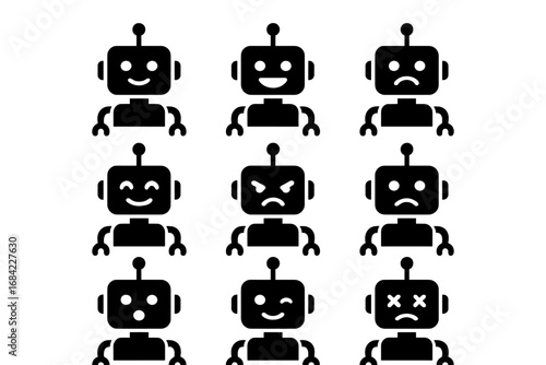 Robot emoji solid icon set. Expressive character mood collection. Vector cartoon illustration. Android, cyborg, bot faces. Happy, sad, angry, emotion. AI character expression.