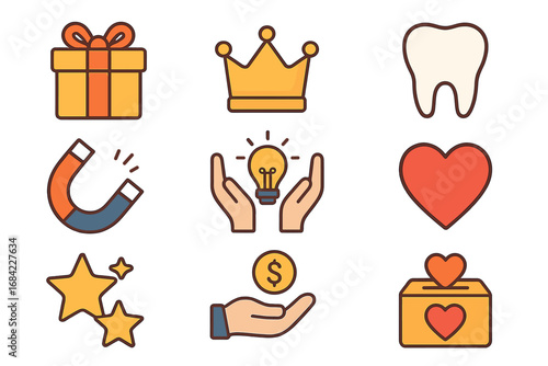 Present and Charity Icon Set with Crown, Tooth, Magnet, Lightbulb Between Hands, Heart, Stars, and Donation Box for Graphic Design, Websites, Cards, Books, Articles, Vector Pack