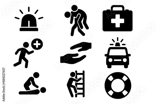 Emergency aid and rescue silhouette icon set. First aid, paramedic, and safety assistance pictogram collection. Vector icons for medical help, disaster response, and survival.